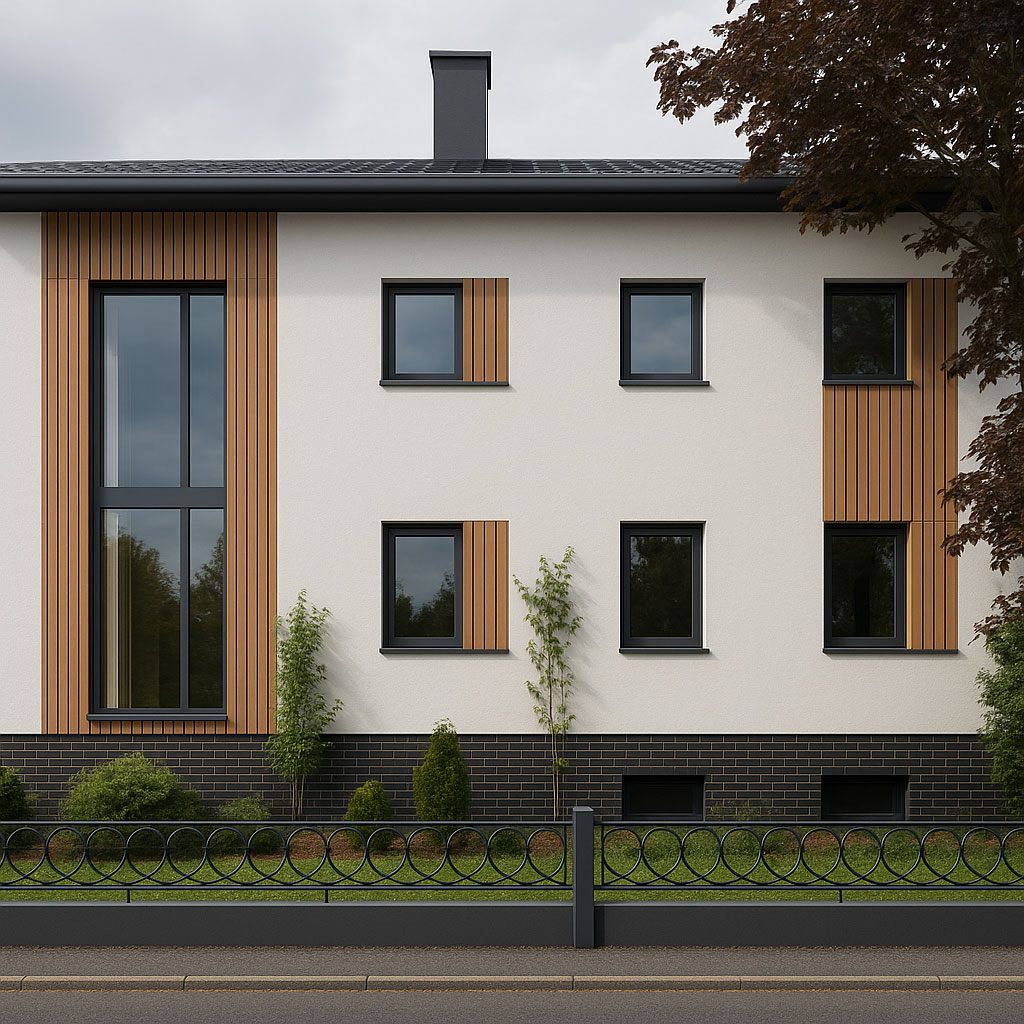 Sanierte Hausfassade mit Holzelementen und neuen Fenstern