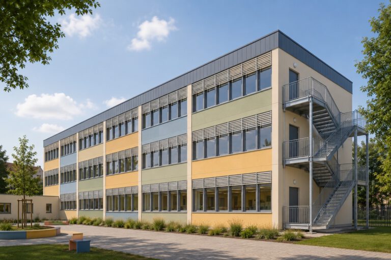 Dreigeschossiges Schulgebäude mit farbigen Fassadenfeldern, Sonnenschutz und Außentreppe