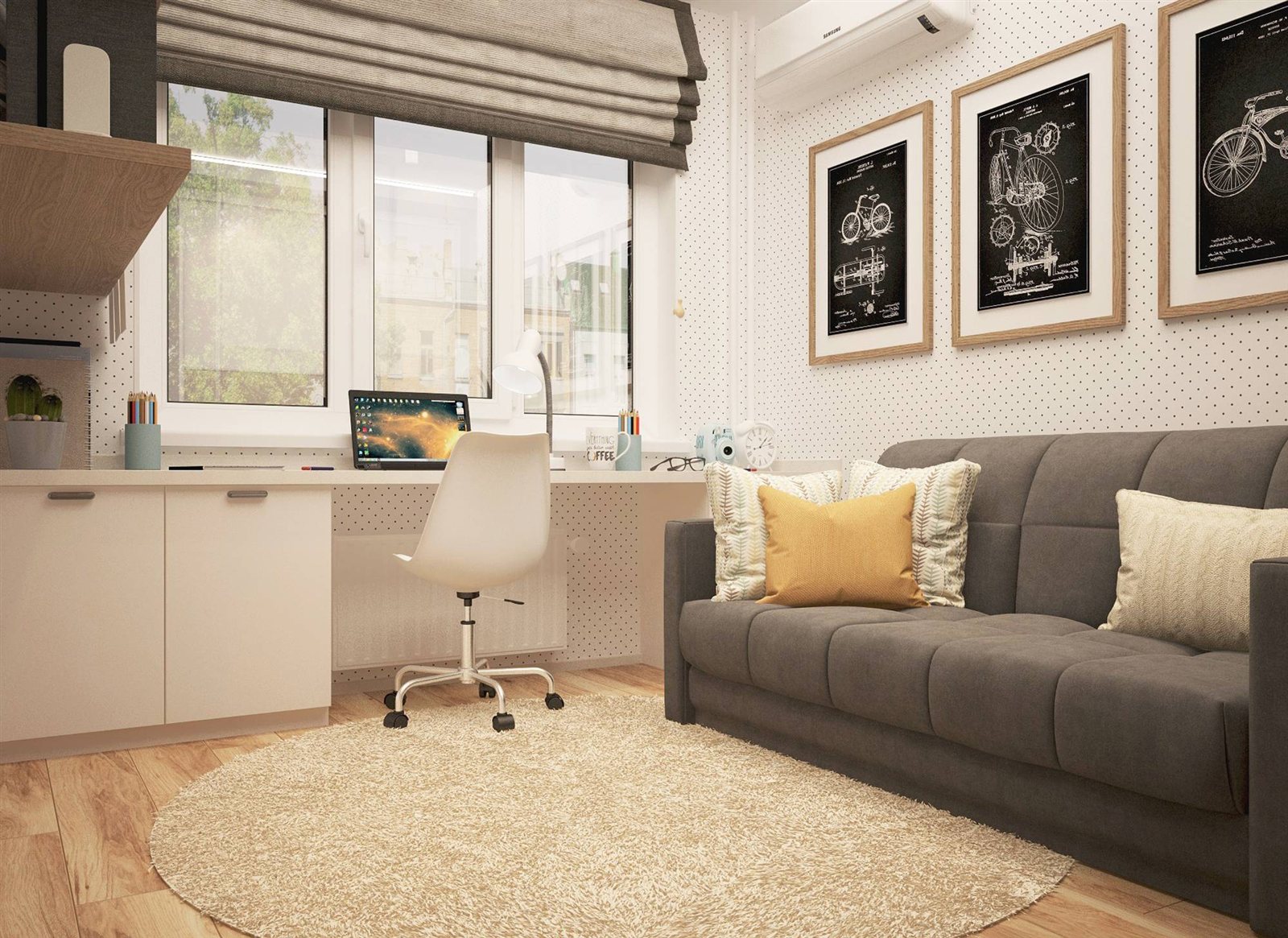 Wohnraum mit Wandgerät einer Luft-Luft-Wärmepumpe über dem Arbeitsplatz, daneben Sofa und Wandbilder